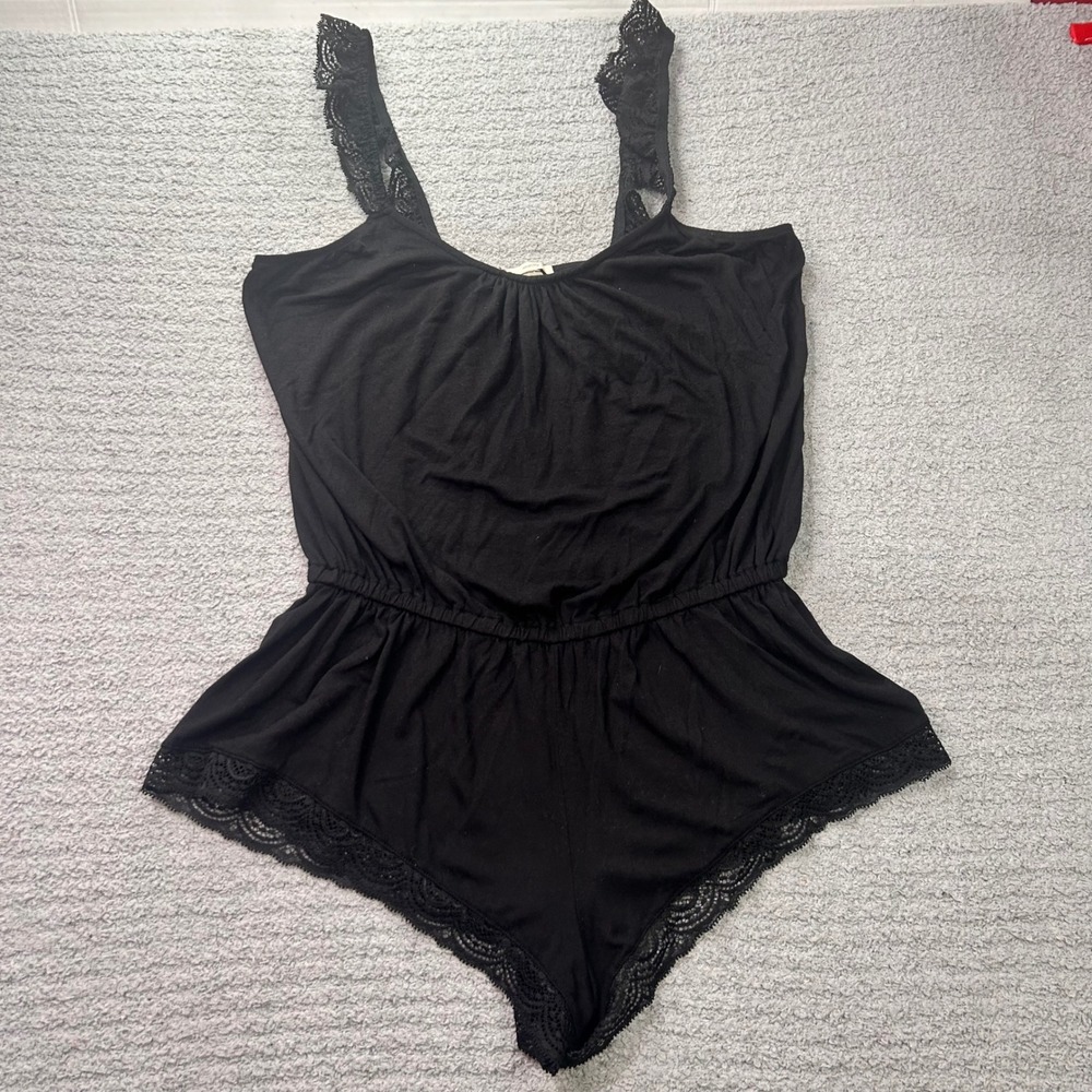 Eberjey Romper Lace Trim Black Large Loungewear Sleepwear Coquette Minimalist L